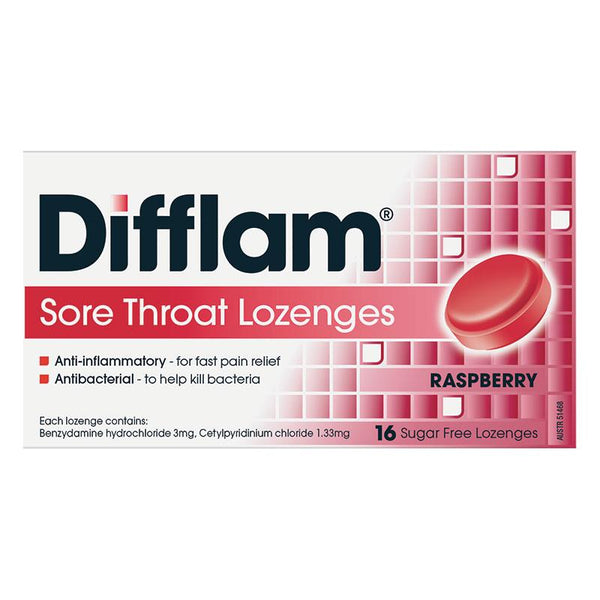 Difflam Sore Throat Lozenges Sugar Free Raspberry 16s